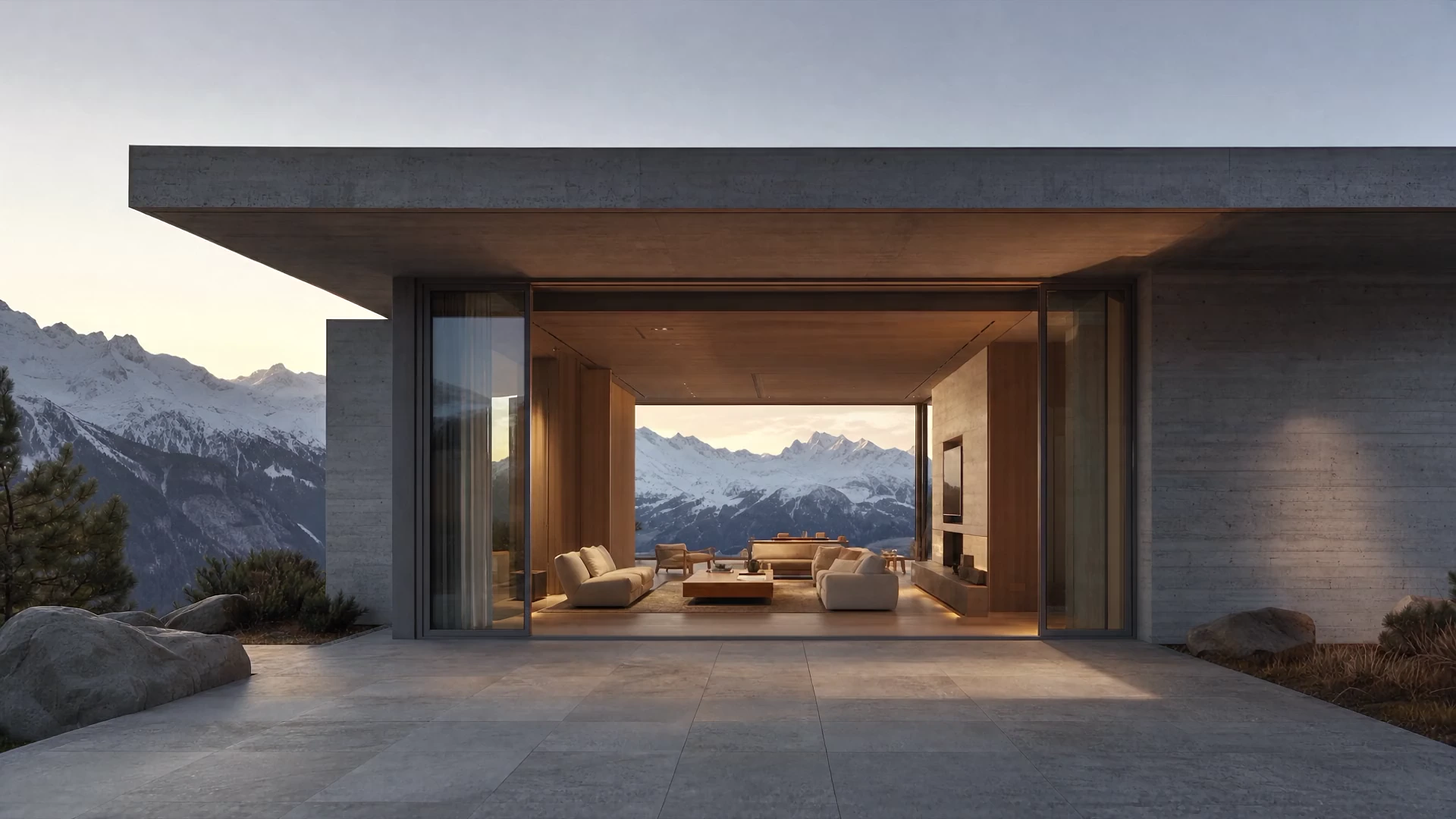 The SUMMIT HOUSE architectural concept overlooking an alpine mountain landscape